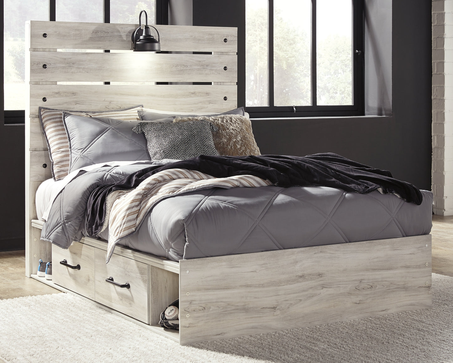 Cambeck  Panel Bed With 2 Storage Drawers With Mirrored Dresser