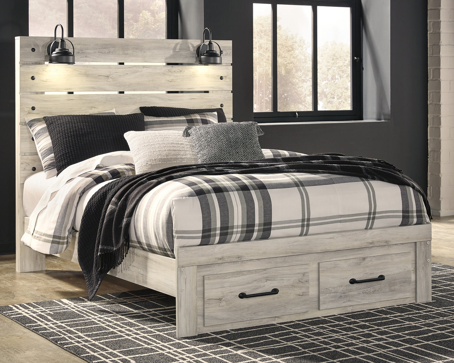 Cambeck  Panel Bed With 2 Storage Drawers With Mirrored Dresser And Chest