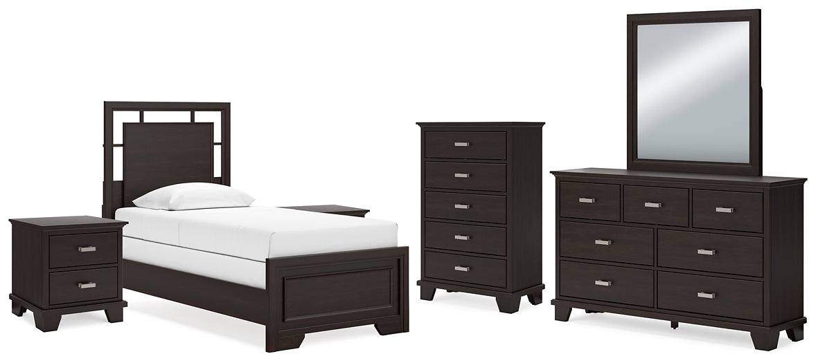 Covetown Twin Panel Bed with Mirrored Dresser, Chest and 2 Nightstands