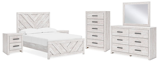 Cayboni Full Panel Bed with Mirrored Dresser, Chest and 2 Nightstands