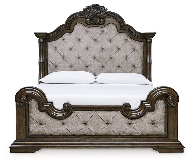 Maylee California King Upholstered Bed with Mirrored Dresser, Chest and 2 Nightstands