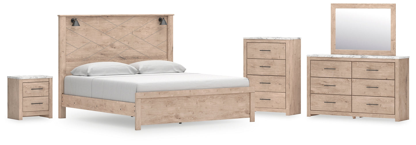 Senniberg King Panel Bed with Mirrored Dresser, Chest and Nightstand