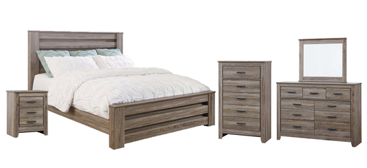 Zelen King Panel Bed with Mirrored Dresser, Chest and 2 Nightstands