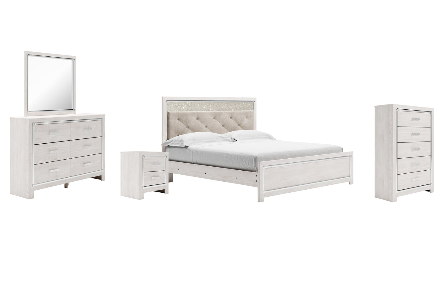 Altyra King Panel Bed with Mirrored Dresser, Chest and Nightstand