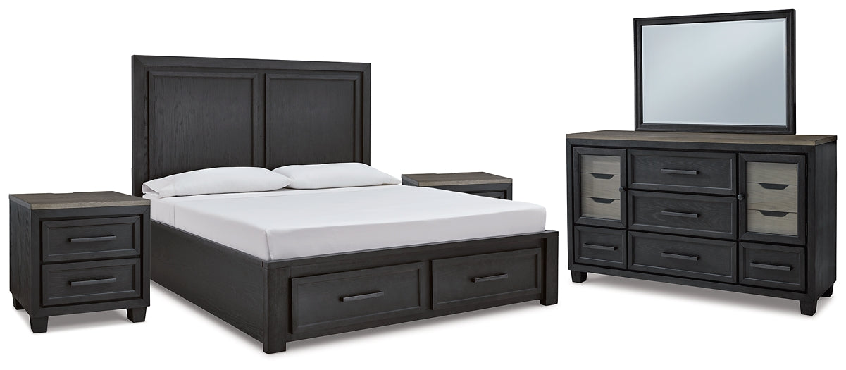 Foyland Queen Panel Storage Bed with Mirrored Dresser and 2 Nightstands