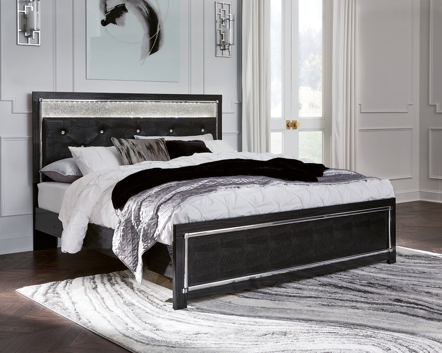 Kaydell King Upholstered Panel Bed with Mirrored Dresser