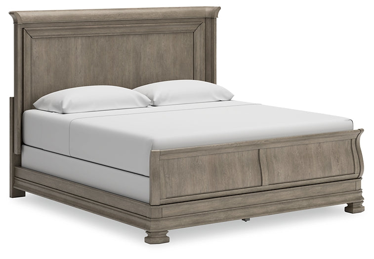 Lexorne California King Sleigh Bed with Mirrored Dresser, Chest and 2 Nightstands