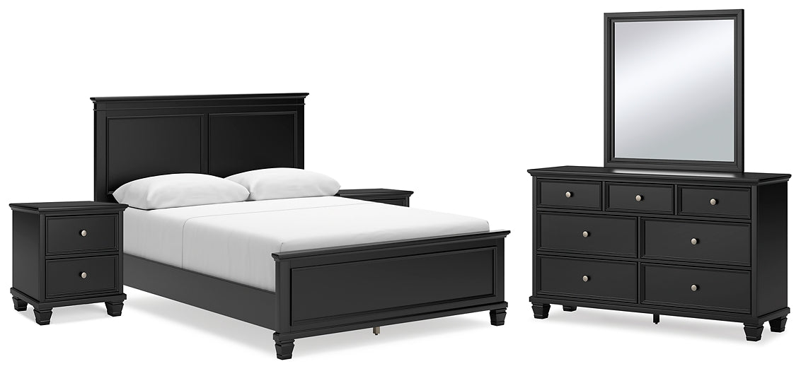 Lanolee Queen Panel Bed with Mirrored Dresser and 2 Nightstands