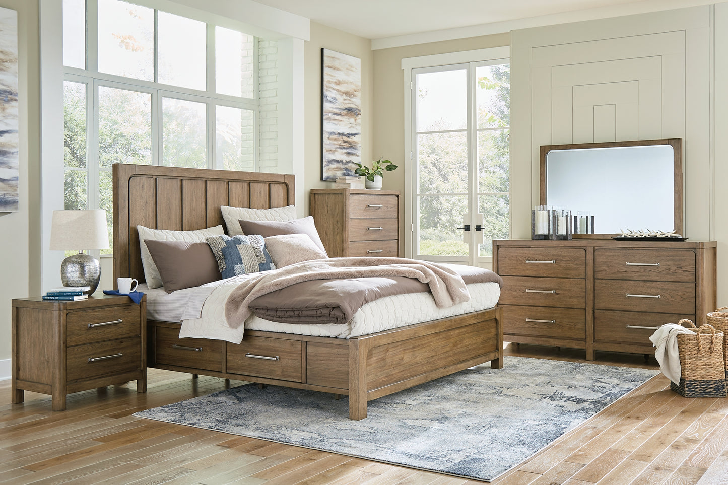 Cabalynn King Panel Bed with Storage with Mirrored Dresser, Chest and 2 Nightstands